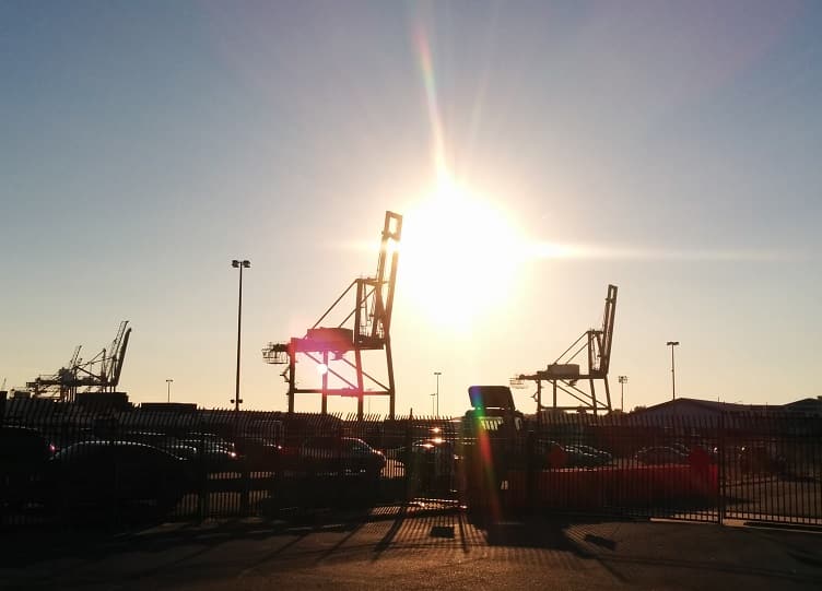 Container yard at sunset